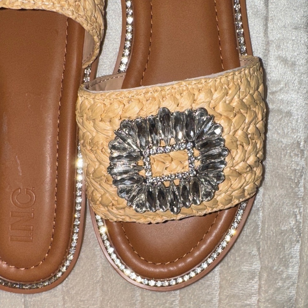 INC International Concepts Tan Woven Slide Sandals with Rhinestones - Picture 10 of 16